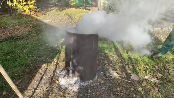 Dry Branches Burning Smoking Barrel Autumn Spring Cleaning Territory — Stock Video