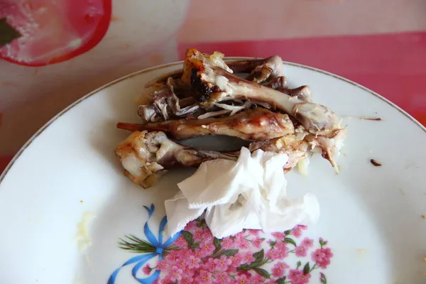 Kotor Piring Dengan Tulang Ayam Setelah Makan — Stok Foto