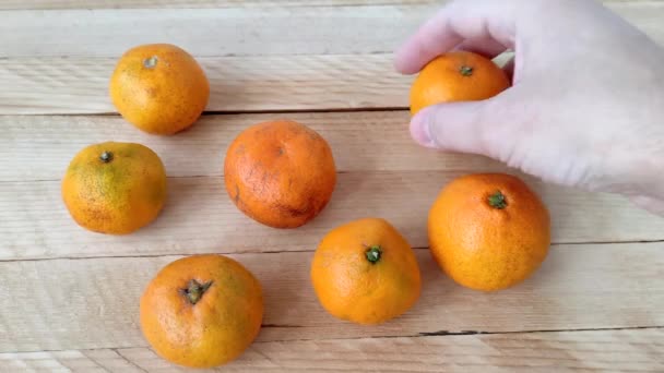 El hombre recoge mandarinas de fondo de madera — Vídeo de stock