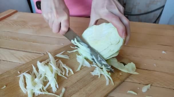 Woman is cutting cabbage on the cutting board — Wideo stockowe