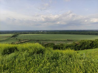 Manzara - vadi, tarlalar, orman ve gökyüzü bulutlarda