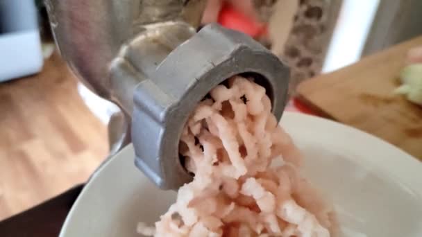 Woman grinds minced meat with old manual meat grinder — Stock Video