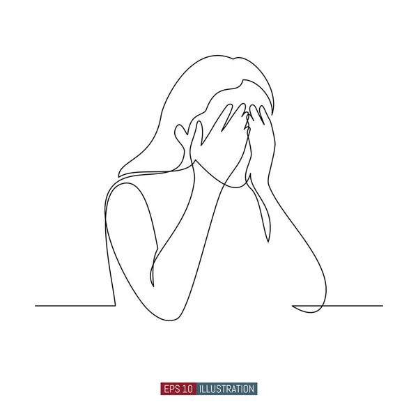 Continuous Line Drawing Woman Covers Her Face Her Palms Girl — Stock Vector