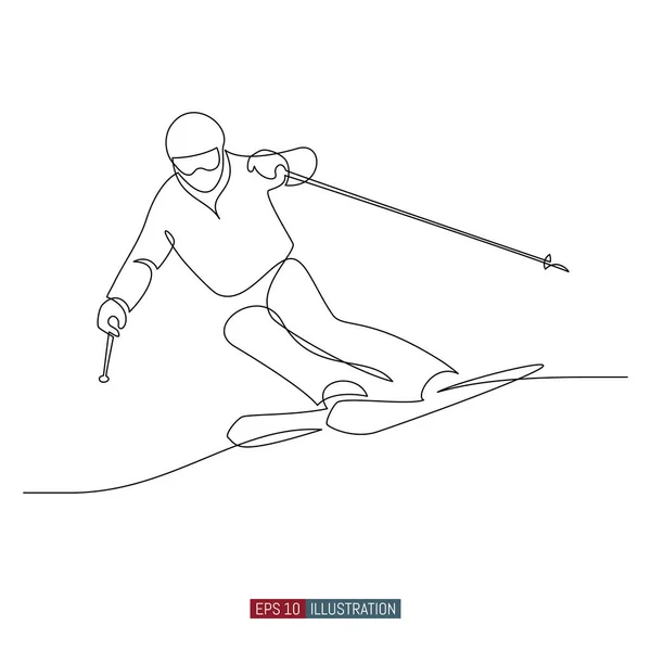 Dessin Linéaire Continu Skieur Descendant Montagne Sports Loisirs Montagne Modèle — Image vectorielle