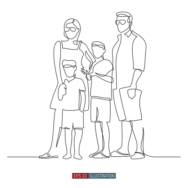 Dessin Ligne Continue Famille Vêtements Été Mère Père Deux Fils — Image vectorielle