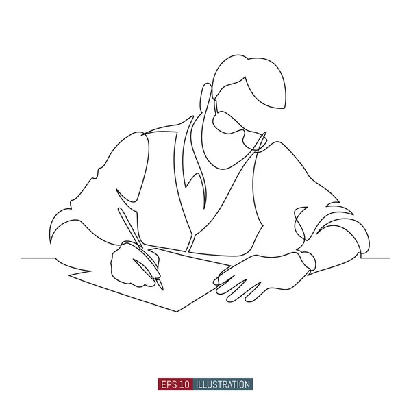 Gözlüklü Bir Adamın Durmaksızın Çizdiği Çizgi Bir Masaya Oturup Bir — Stok Vektör