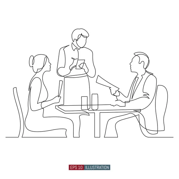 Dessin Trait Continu Homme Femme Une Table Dans Restaurant Serveur — Image vectorielle
