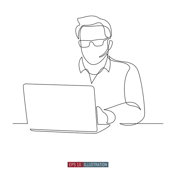 Sürekli Gözlüklü Kulaklıklı Bir Adamın Çizimleri Dizüstü Bilgisayarın Arkasında Duruyor — Stok Vektör