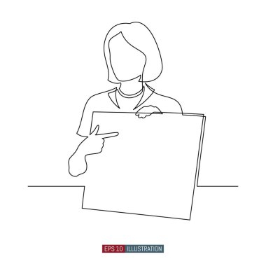 Kadının durmaksızın çizdiği çizim kağıdı tutuyor ve parmaklarıyla onları işaret ediyor. Okul sahnesi. İş sunumu. Tasarımının şablonu işe yarıyor. Vektör illüstrasyonu.
