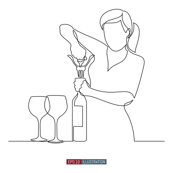 女性の連続線画は コルク栓付きのワインのボトルを開きます デザイン作品のテンプレート ベクターイラスト — ストックベクタ