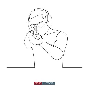 Continuous line drawing of Man with a gun in shooting range. Template for your design works. Vector illustration.