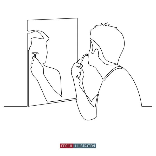 Desenho Linha Contínua Homem Rapa Rosto Frente Espelho Modelo Para — Vetor de Stock