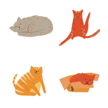 Bir grup tatlı kedi uyuyor, bacakları kalkıyor, kutuda uyuyor, vektör düz çizgi film çizimi..