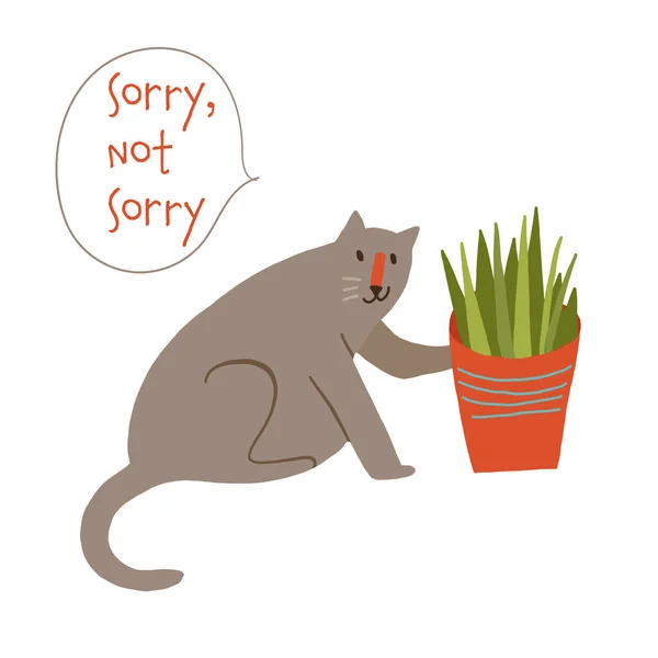 Mignon vilain chat frapper hors d'un pot de plante désolé pas désolé — Image vectorielle