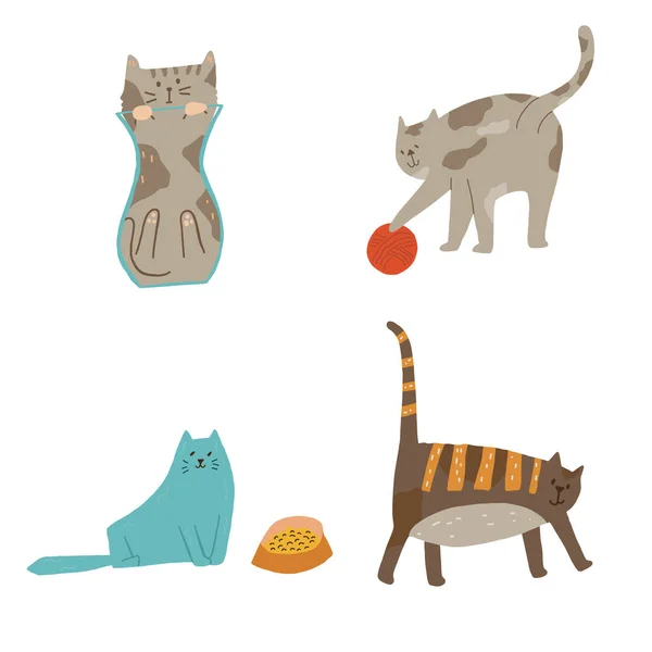 Set de cuatro gatos líquidos en jarrón, jugando con bola de hilo, alimentando y caminando. — Archivo Imágenes Vectoriales