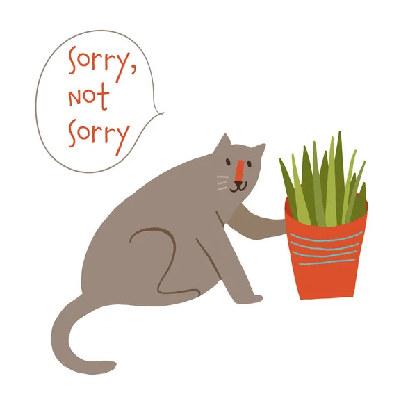 Bonito safado gato batendo fora um planta pote desculpe não desculpe — Vetor de Stock