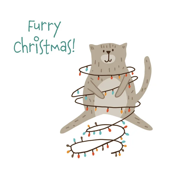 Gato bonito sentado como uma árvore de Natal em guirlanda cartão holyday — Vetor de Stock