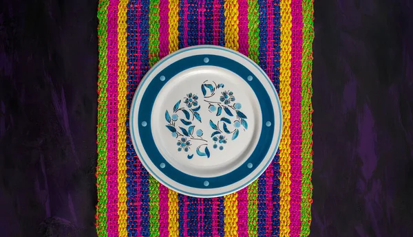 Rustic Plate Decorated Mexican Woven Tablecloth — Stock Photo, Image