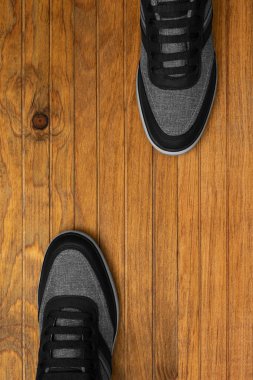 Flat Lay View men shoes on wood background studio photography