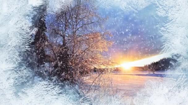 クリスマスの背景 夕日は凍結窓から見ることができ 雪が降っています シームレスなループ — ストック動画
