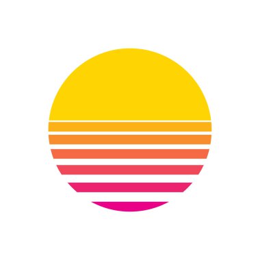 Günbatımını ya da gündoğumu elementini 1980 'lerin tarzında. Retrowave güneş yassı tasarım afişi izole edilmiş
