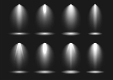 Sahne ışığı efekt koleksiyonu koyu arkaplanda. Sahne ışıkları vektör parlaklığı illüstrasyonunu gözler önüne serer