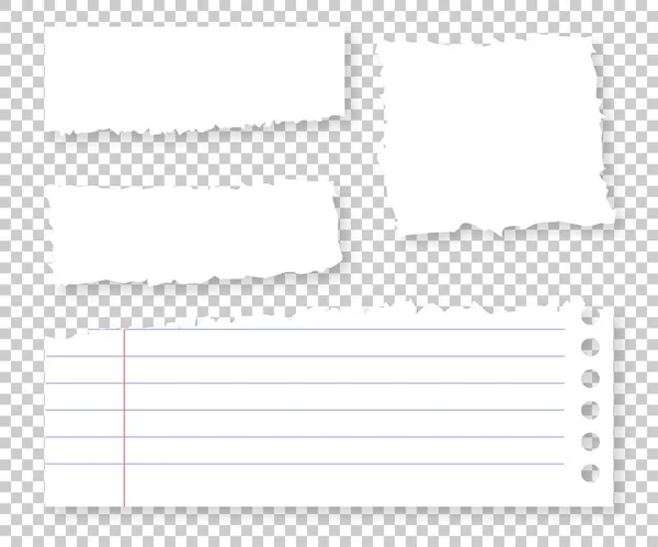 Papierstücke Isoliert Weiß Aufgerissene Blanko Notizblock Fragmente Set Altpapiersammlung Transparente — Stockvektor