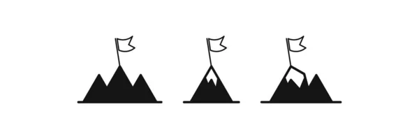 Гора Прапором Чорний Плоский Набір Іконок Зверху Пік Прапорами Символ — стоковий вектор