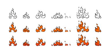 Ateş karalama koleksiyonu, elde alev amblemi çizilmiş karalama stili, el yapımı ateş ikonu seti.