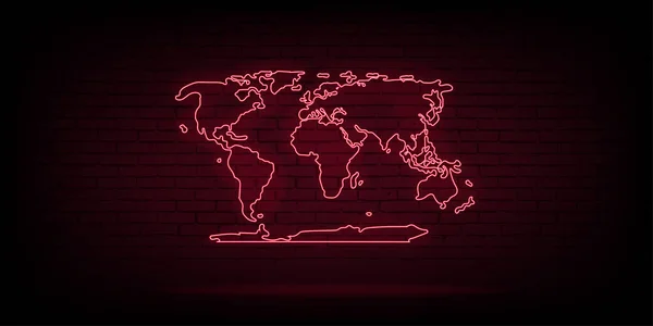 Mapa Del Mundo Luz Neón Pared Ladrillo Iluminado Lámpara Brillante — Vector de stock