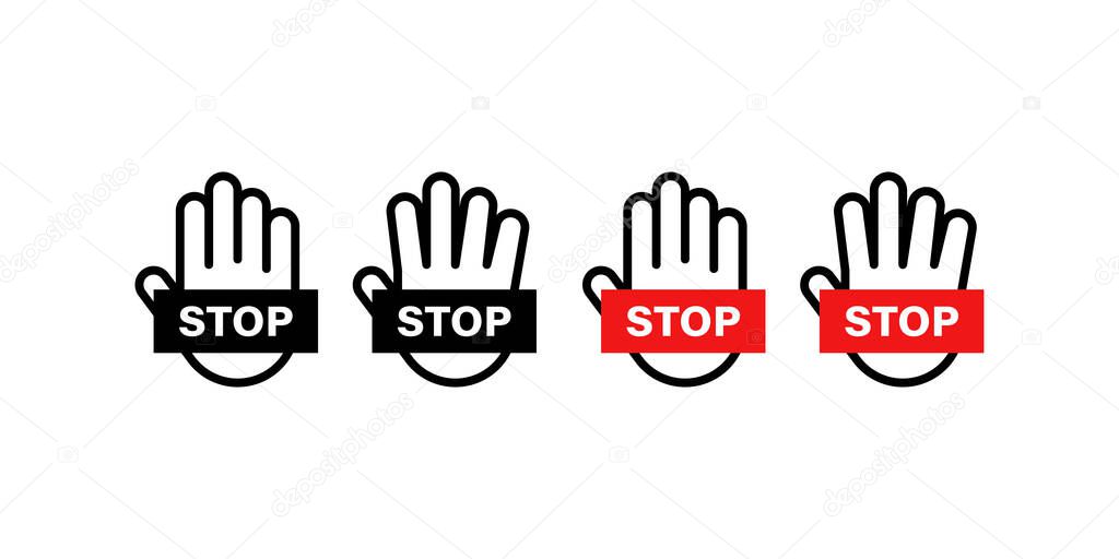 Stop hand icon, warning palm symbol. Danger vector sign set.
