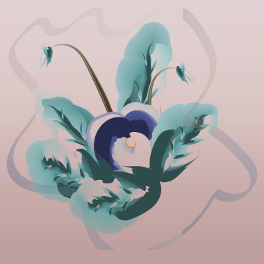 Açık bej-pembe arka plan 33d üzerinde, yazarın fırçaları tarafından yapılan yapraklı bir menekşe çiçeğinin soyut görüntüsü.