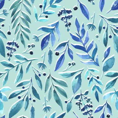 Turkuaz arka planda soğuk mavi bitki dalları olan kusursuz suluboya deseni. Kış bitkileri