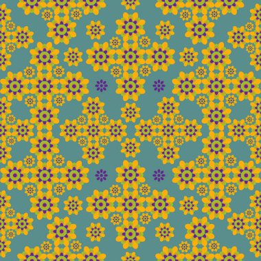 Turkuaz arka planda geometrik sıralanmış sarı çiçekleri olan kusursuz çiçek deseni..
