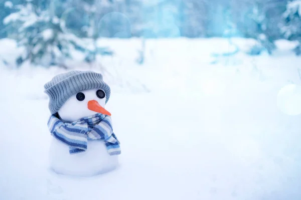 Malý Sněhulák Mrkvovým Nosem Pleteném Klobouku Šátkem Sněhu Poli Zimním — Stock fotografie