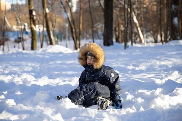 Little Boy Hat Hood Fur Plays Snow Having Fun Winter — Photo