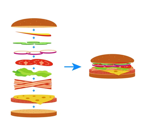 Illustration Med Aptitretande Hamburgare Och Uppsättning Dess Ingredienser — Stock vektor