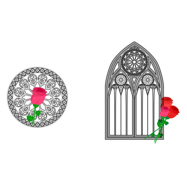 Die Abbildung Mit Schönem Gotischen Fenster Und Rose — Stockvektor