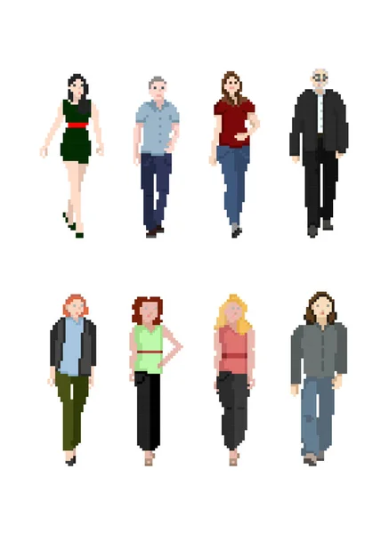 Illustration Med Uppsättning Siffror Människor Stil Med Pixel Konst — Stock vektor