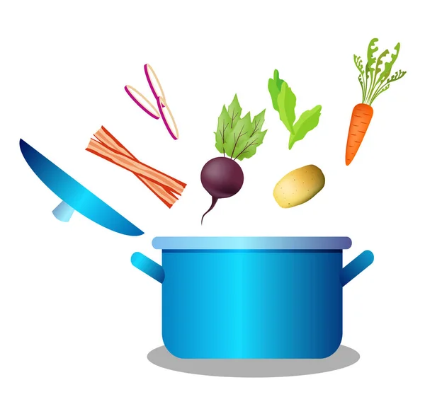 Illustration Flat Design Style Saucepan Products Making Soup — Image vectorielle