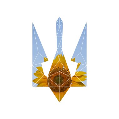 Ayçiçeklerinin arka planında Ukrayna 'nın çokgen arması