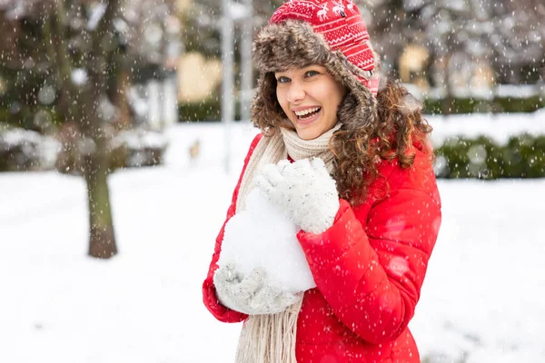 Young Smiling Woman Playing Snowball Winter Snowy Day City Royalty Free Stock Images