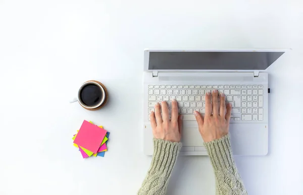 Top View Businesswoman Hands Empty White Desk Office Laptop — Stock Photo, Image