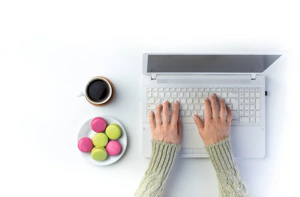 Top View Businesswoman Hands Empty White Desk Office Laptop — Stock Photo, Image