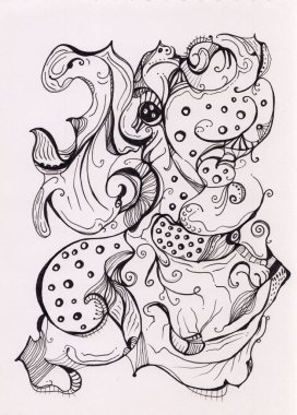 Üzüm dallarının soyut resmi. Siyah mürekkep kalem çizimi. Siyah ve beyaz doğal şekiller. Orijinal sürrealist sanat. Huzurlu bir doğa geçmişi var. Poster ve kumaş baskısı için hayali manzara.