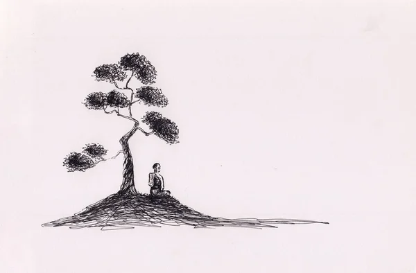 Dibujo Tinta Con Monje Budista Rezando Bajo Árbol Fondo Naturaleza — Foto de Stock