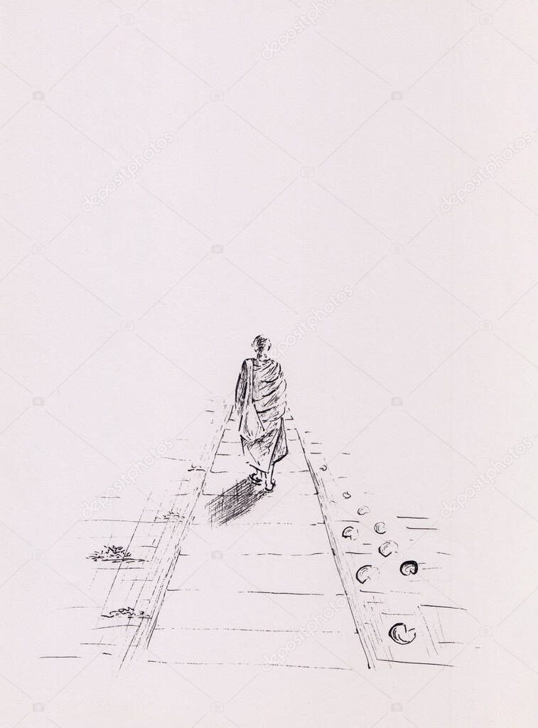 Ink drawing with Buddhist monk walking on the bridge over the pond with water lilies. Minimalist nature background for meditation, relaxation, poster. Vertical abstract artwork. Soothing scenery.