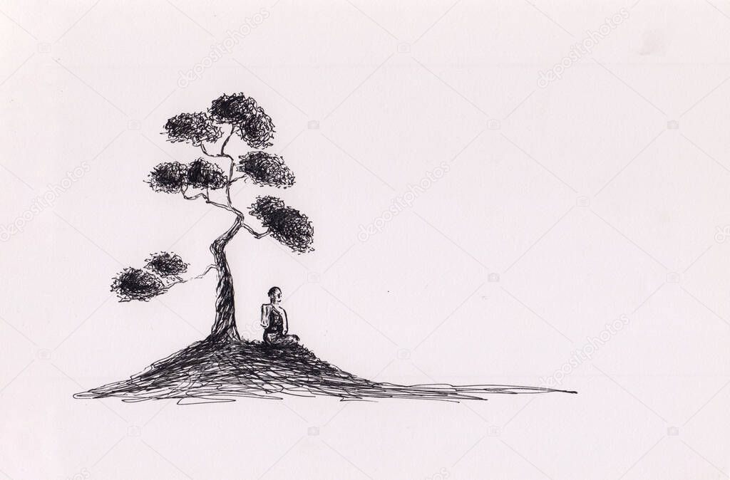Ink drawing with Buddhist monk praying under tree. Creative nature background for meditation, relaxation, poster, book illustration. Original abstract artwork. Soothing scenery. Praying young man.