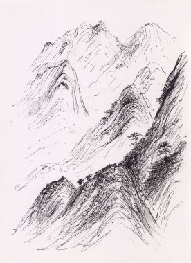 Asya dağları ve ağaçlarının mürekkep resimleri. Çin mürekkebi tarzında kaya katmanlarıyla dikey oryantal manzara çizimi. Rahatlama, yenileme, meditasyon, yatıştırıcı arka plan, baskı kavramı.