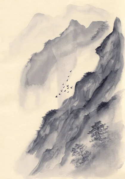 Original watercolor painting of gray Asian mountains with birds. Peaceful oriental landscape with layers of rocks. Concept for decoration, relaxation, meditation background. Vertical artwork on paper.